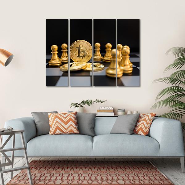Golden Bitcoin and Chessboard Canvas Wall Art in black, gold and green, single panel hung on a wall
