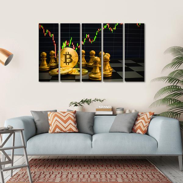 Golden Bitcoin And Chess Board Canvas Wall Art-5 Horizontal-Gallery Wrap-22&quot; x 12&quot;-Tiaracle
