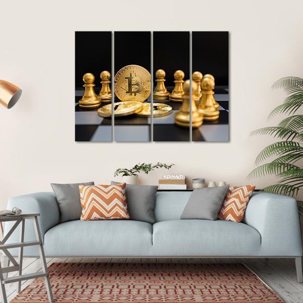 Golden Bitcoin And Chess Canvas Wall Art-4 Horizontal-Gallery Wrap-34" x 24"-Tiaracle
