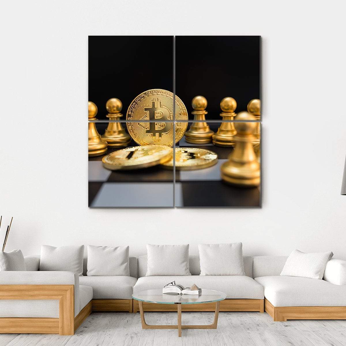 Golden Bitcoin And Chess Canvas Wall Art-4 Square-Gallery Wrap-17" x 17"-Tiaracle