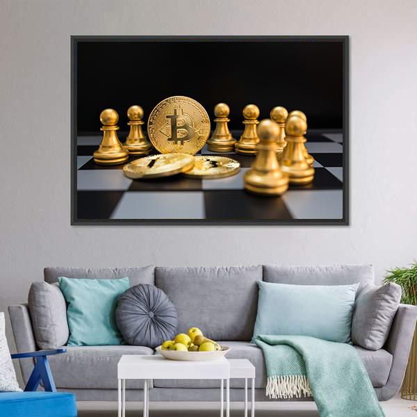 Golden Bitcoin and Chess Pieces Canvas Wall Art in black, white and gold, framed canvas, product view on a white background