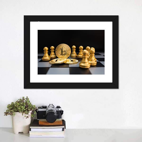 Golden Bitcoin And Chess Canvas Wall Art-3 Horizontal-Gallery Wrap-25" x 16"-Tiaracle