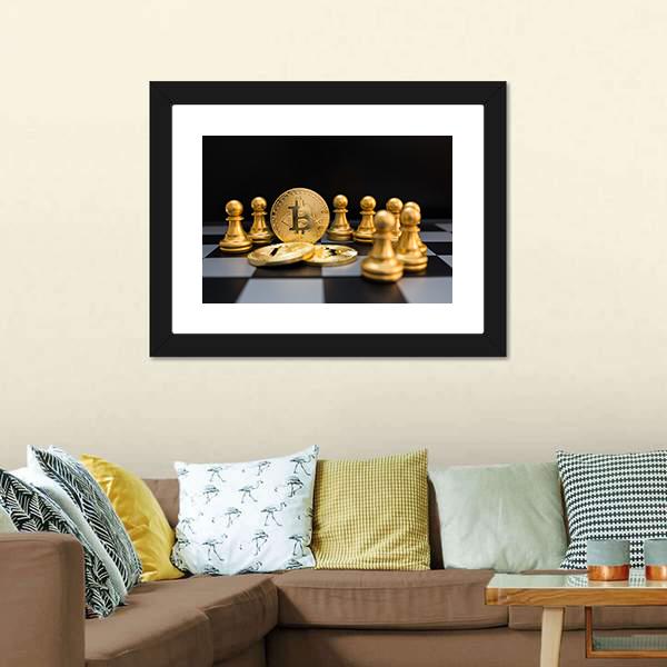 Golden Bitcoin and Chess Pieces Canvas Wall Art in black, white and gold, framed print, product view on a white background