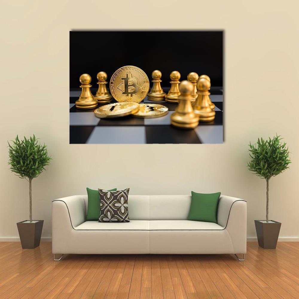 Golden Bitcoin and Chess Pieces Canvas Wall Art in black, white and gold, 5 panel Pop layout hung on a wall