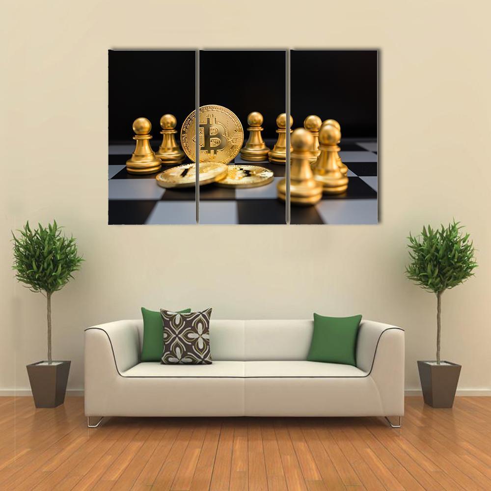 Golden Bitcoin and Chess Pieces Canvas Wall Art in black, white and gold, 3 panel horizontal set hung on a wall