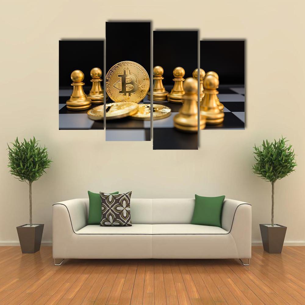 Golden Bitcoin and Chess Pieces Canvas Wall Art in black, white and gold, 5 panel Pop layout hung on a wall