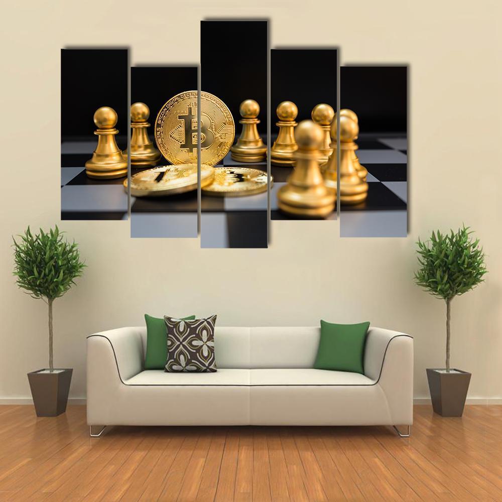 Golden Bitcoin And Chess Canvas Wall Art-5 Pop-Gallery Wrap-47" x 32"-Tiaracle