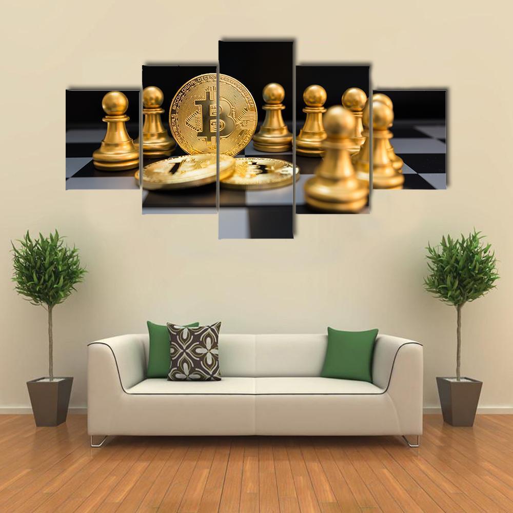 Golden Bitcoin and Chess Pieces Canvas Wall Art in black, white and gold, 5 panel Star layout hung on a wall