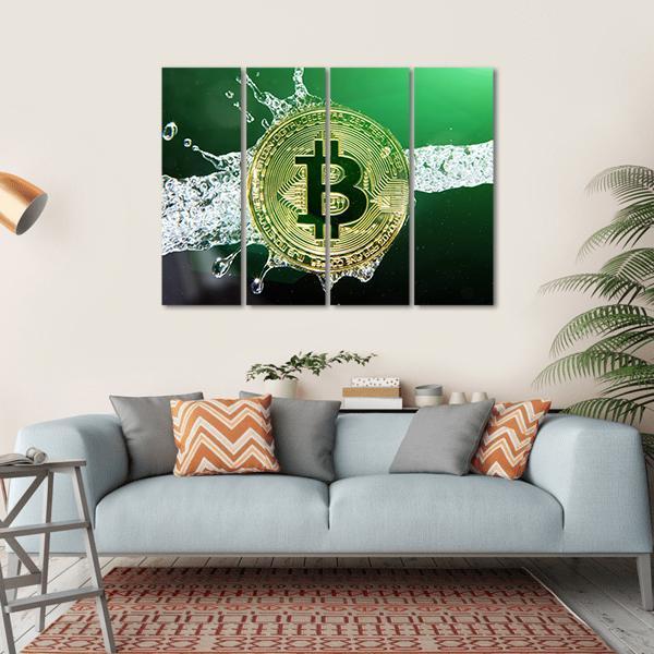 Bitcoin & Water Splash Canvas Wall Art-4 Horizontal-Gallery Wrap-34" x 24"-Tiaracle
