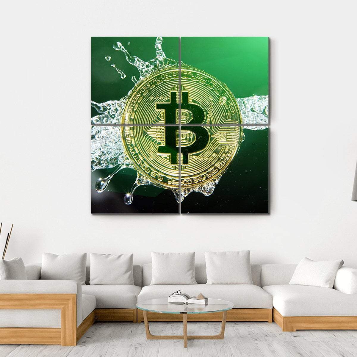 Bitcoin &amp; Water Splash Canvas Wall Art-4 Square-Gallery Wrap-17" x 17"-Tiaracle
