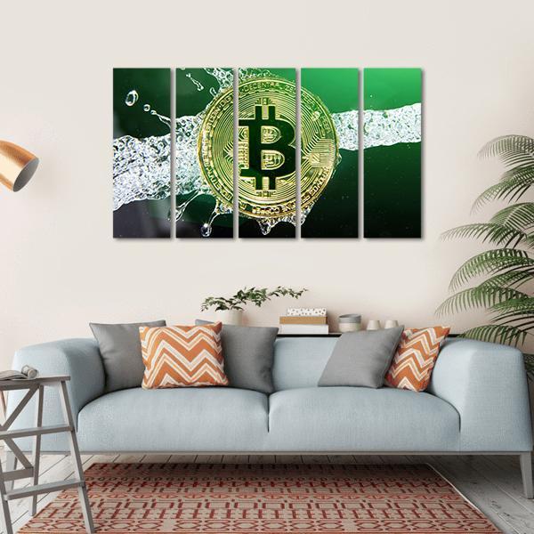 Bitcoin &amp; Water Splash Canvas Wall Art-5 Horizontal-Gallery Wrap-22" x 12"-Tiaracle
