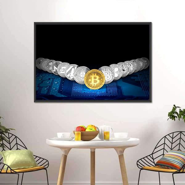 Golden Bitcoin On Front Canvas Wall Art-1 Piece-Floating Frame-24" x 16"-Tiaracle