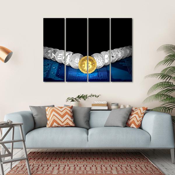Golden Bitcoin on Circuit Board Canvas Wall Art in black, gold and blue, hung on a wall