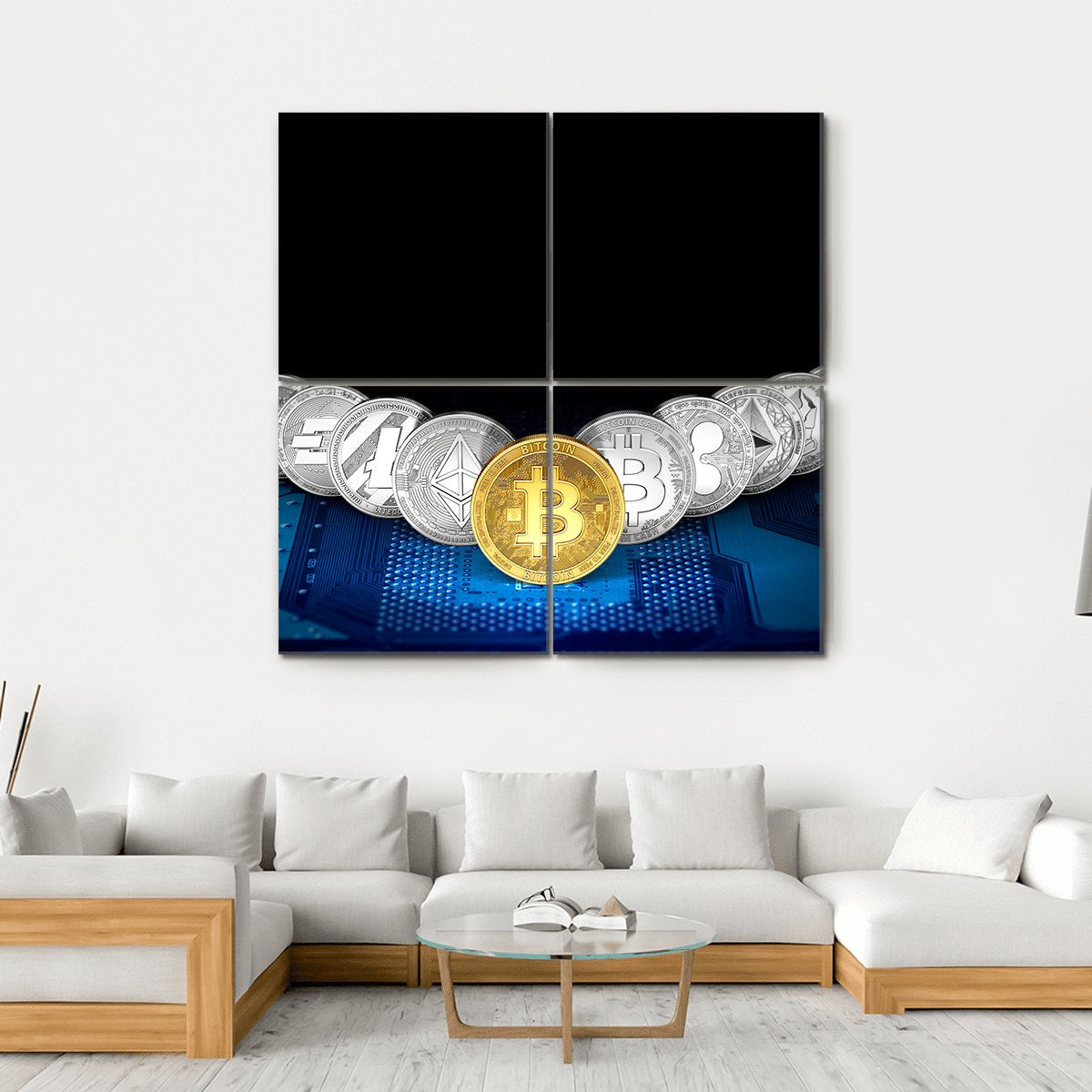 Golden Bitcoin on Circuit Board Canvas Wall Art in black, gold and blue, hung on a wall
