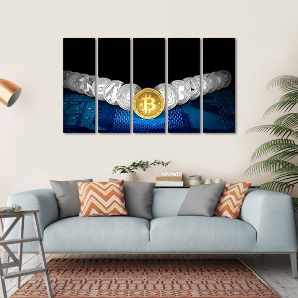 Golden Bitcoin On Front Canvas Wall Art-5 Horizontal-Gallery Wrap-22" x 12"-Tiaracle
