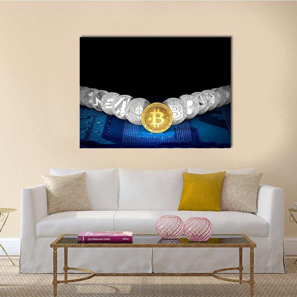 Golden Bitcoin Surrounded by Silver Coins Canvas Wall Art in black, gold and silver, single panel hung on a wall