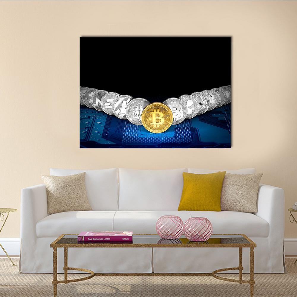 Golden Bitcoin On Front Canvas Wall Art-4 Pop-Gallery Wrap-50" x 32"-Tiaracle