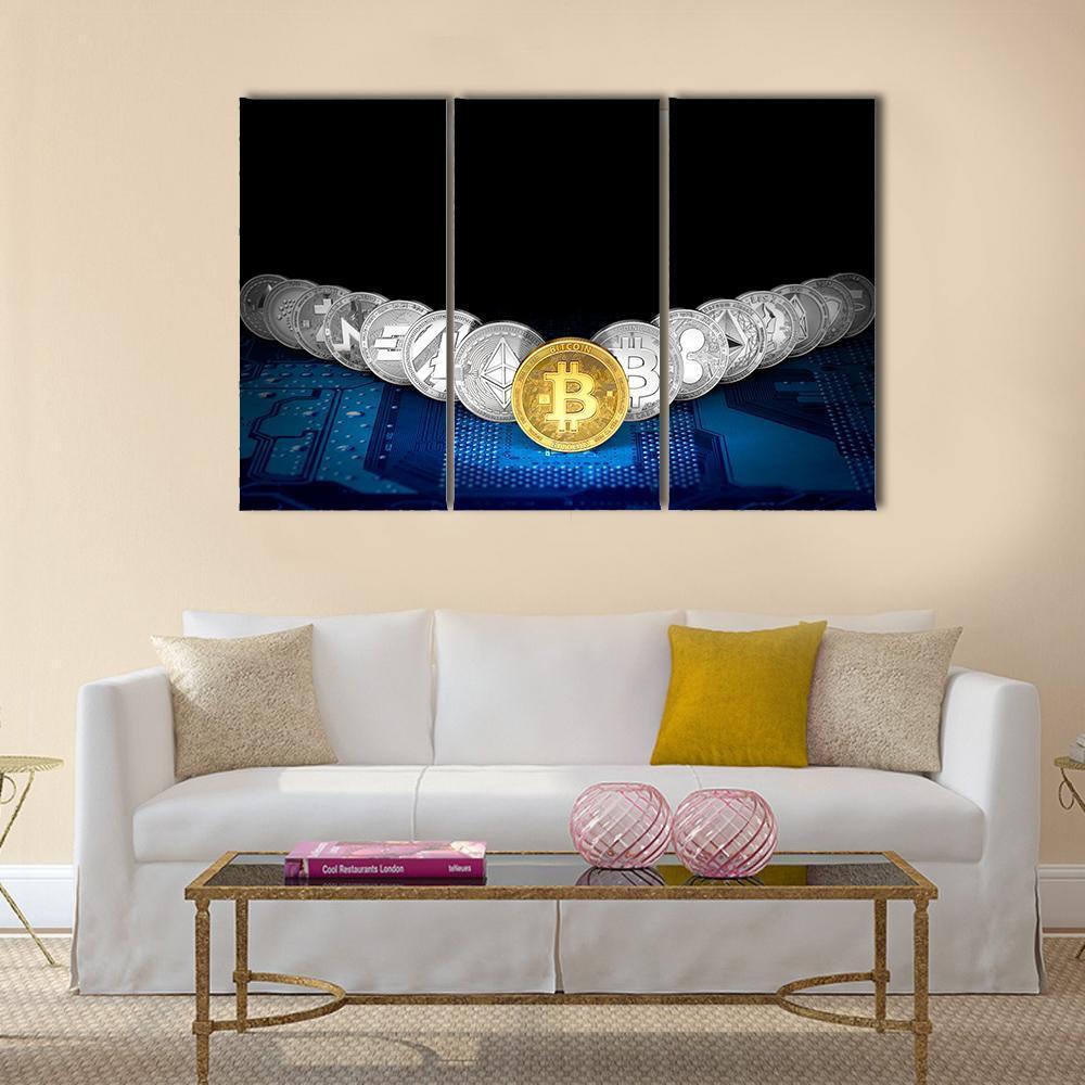 Golden Bitcoin On Front Canvas Wall Art-3 Horizontal-Gallery Wrap-37" x 24"-Tiaracle
