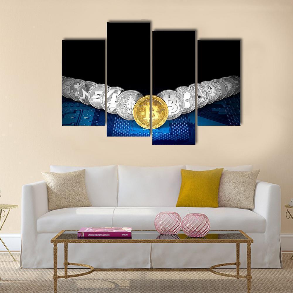 Golden Bitcoin On Front Canvas Wall Art-4 Pop-Gallery Wrap-50" x 32"-Tiaracle