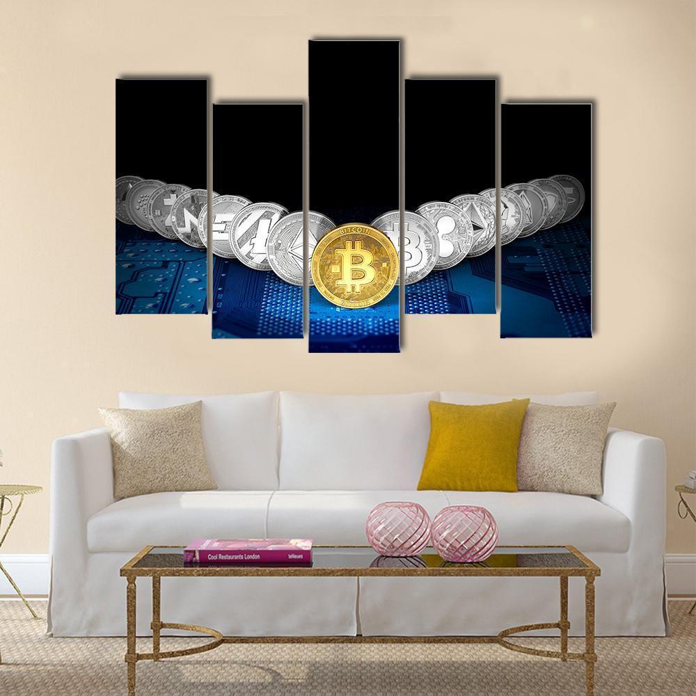 Golden Bitcoin On Front Canvas Wall Art-5 Pop-Gallery Wrap-47" x 32"-Tiaracle