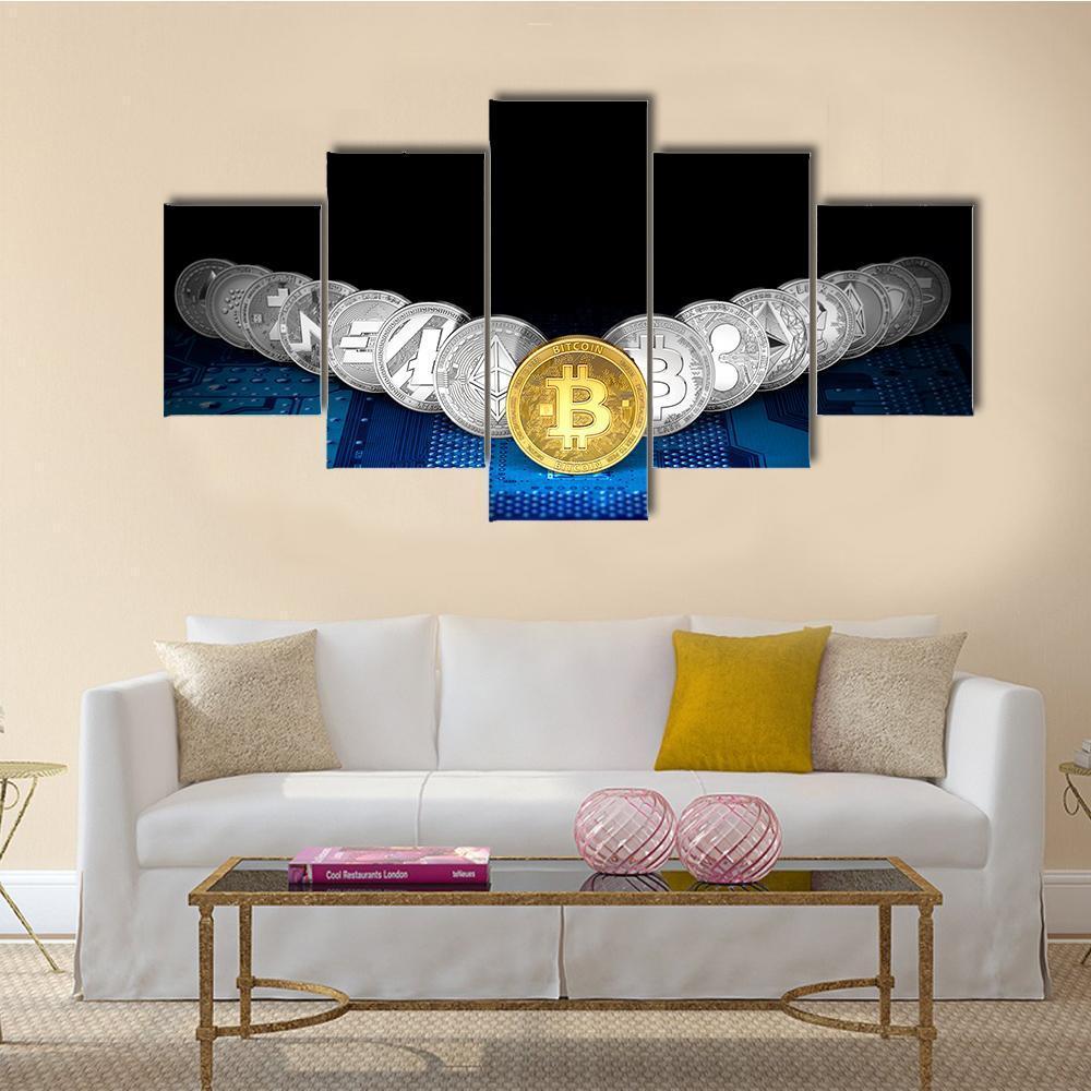 Golden Bitcoin On Front Canvas Wall Art-5 Star-Gallery Wrap-62" x 32"-Tiaracle
