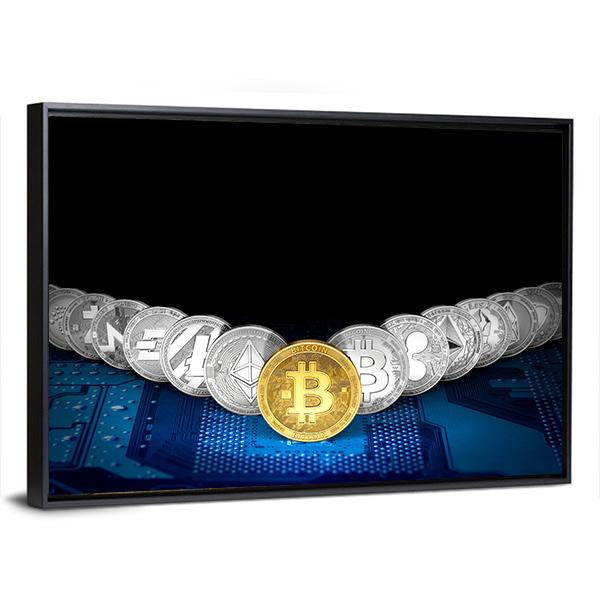 Golden Bitcoin On Front Canvas Wall Art-3 Horizontal-Gallery Wrap-25" x 16"-Tiaracle