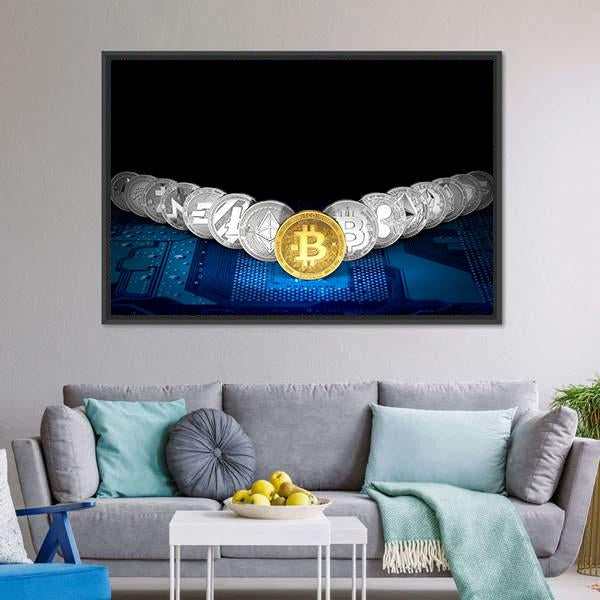 Golden Bitcoin On Front Panoramic Canvas Wall Art-1 Piece-36" x 12"-Tiaracle