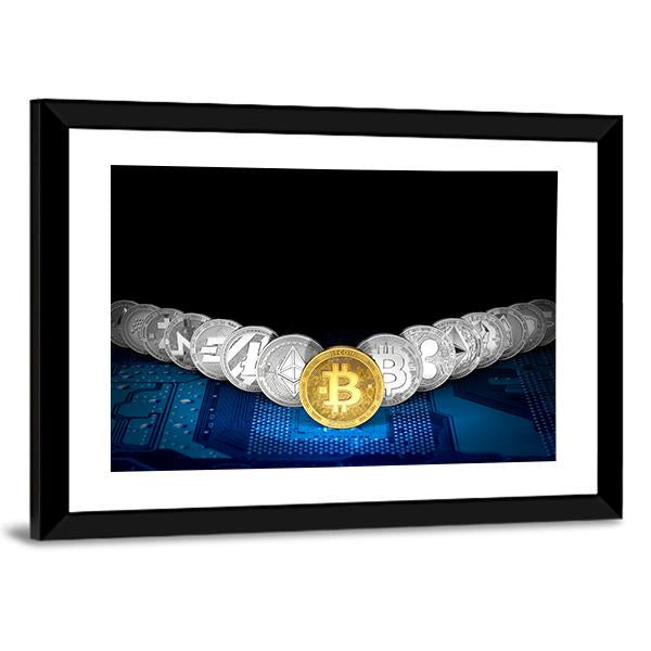 Golden Bitcoin On Front Panoramic Canvas Wall Art-1 Piece-36" x 12"-Tiaracle