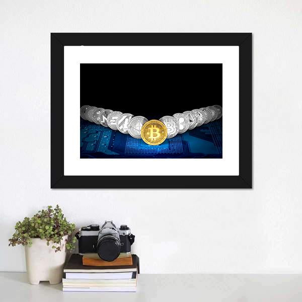 Golden Bitcoin On Front Panoramic Canvas Wall Art-1 Piece-36" x 12"-Tiaracle
