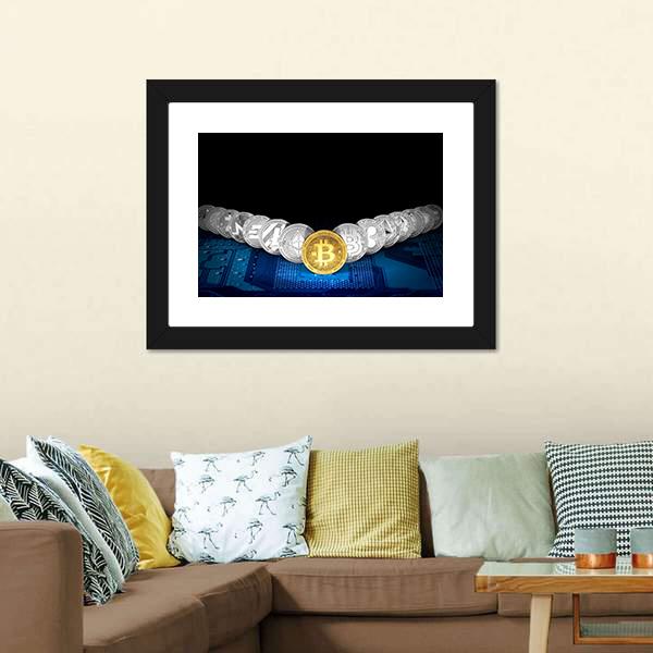 Golden Bitcoin On Front Panoramic Canvas Wall Art-1 Piece-36" x 12"-Tiaracle