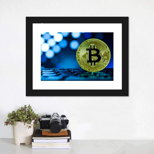 Golden Bitcoin On Keyboard Canvas Wall Art-1 Piece-Framed Print-20" x 16"-Tiaracle