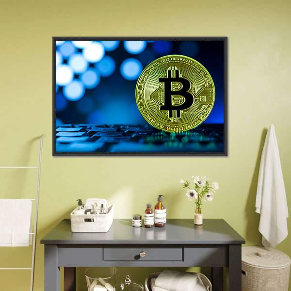 Golden Bitcoin On Keyboard Canvas Wall Art-1 Piece-Floating Frame-24" x 16"-Tiaracle