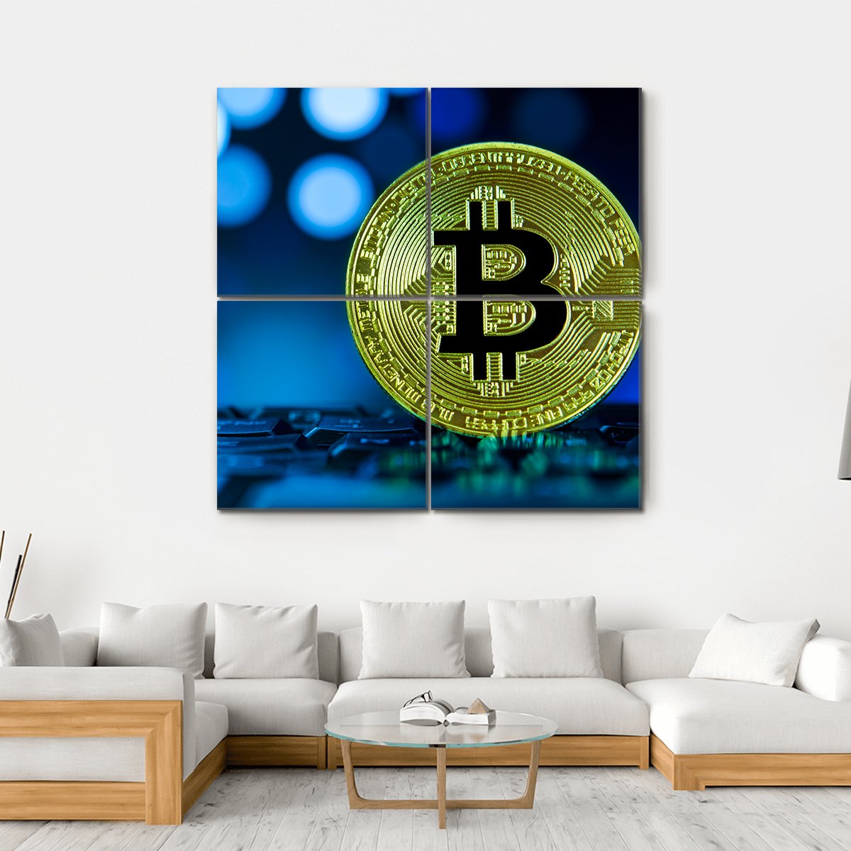 Golden Bitcoin On Keyboard Canvas Wall Art-4 Square-Gallery Wrap-17" x 17"-Tiaracle