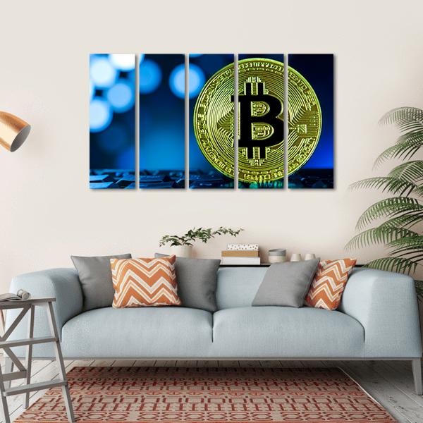 Golden Bitcoin On Keyboard Canvas Wall Art-5 Horizontal-Gallery Wrap-22" x 12"-Tiaracle