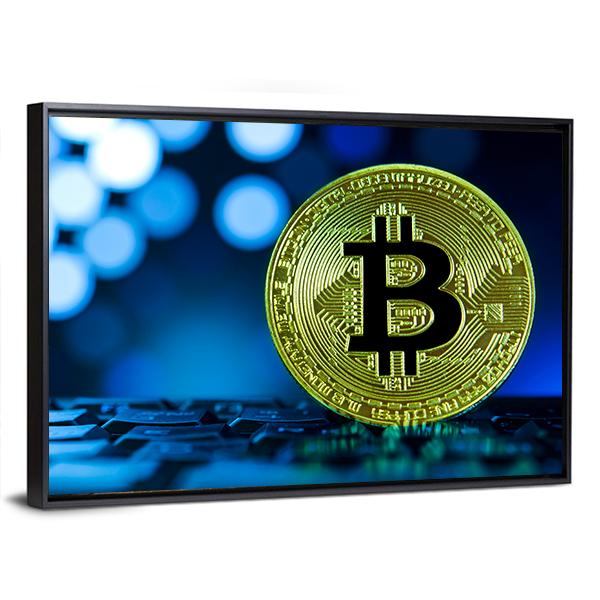 Golden Bitcoin On Keyboard Canvas Wall Art-3 Horizontal-Gallery Wrap-25" x 16"-Tiaracle