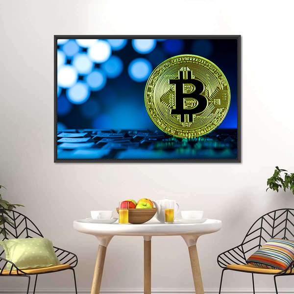 Golden Bitcoin On Keyboard Canvas Wall Art-5 Horizontal-Gallery Wrap-22" x 12"-Tiaracle