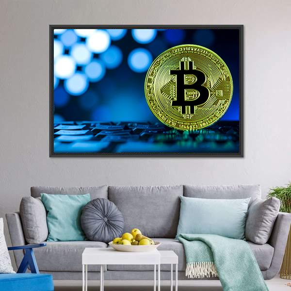 Golden Bitcoin On Keyboard Canvas Wall Art-5 Horizontal-Gallery Wrap-22" x 12"-Tiaracle