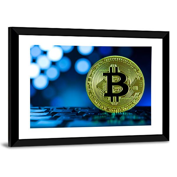 Golden Bitcoin On Keyboard Canvas Wall Art-3 Horizontal-Gallery Wrap-25" x 16"-Tiaracle