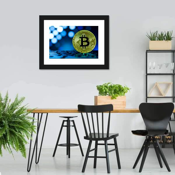 Golden Bitcoin On Keyboard Canvas Wall Art-5 Horizontal-Gallery Wrap-22" x 12"-Tiaracle