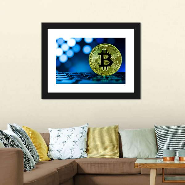 Golden Bitcoin On Keyboard Canvas Wall Art-3 Horizontal-Gallery Wrap-25" x 16"-Tiaracle
