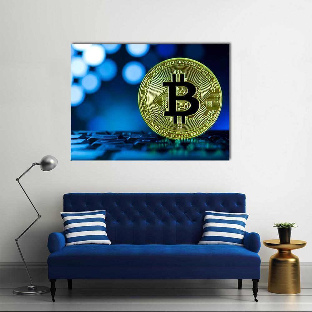 Golden Bitcoin On Keyboard Canvas Wall Art-1 Piece-Gallery Wrap-48" x 32"-Tiaracle