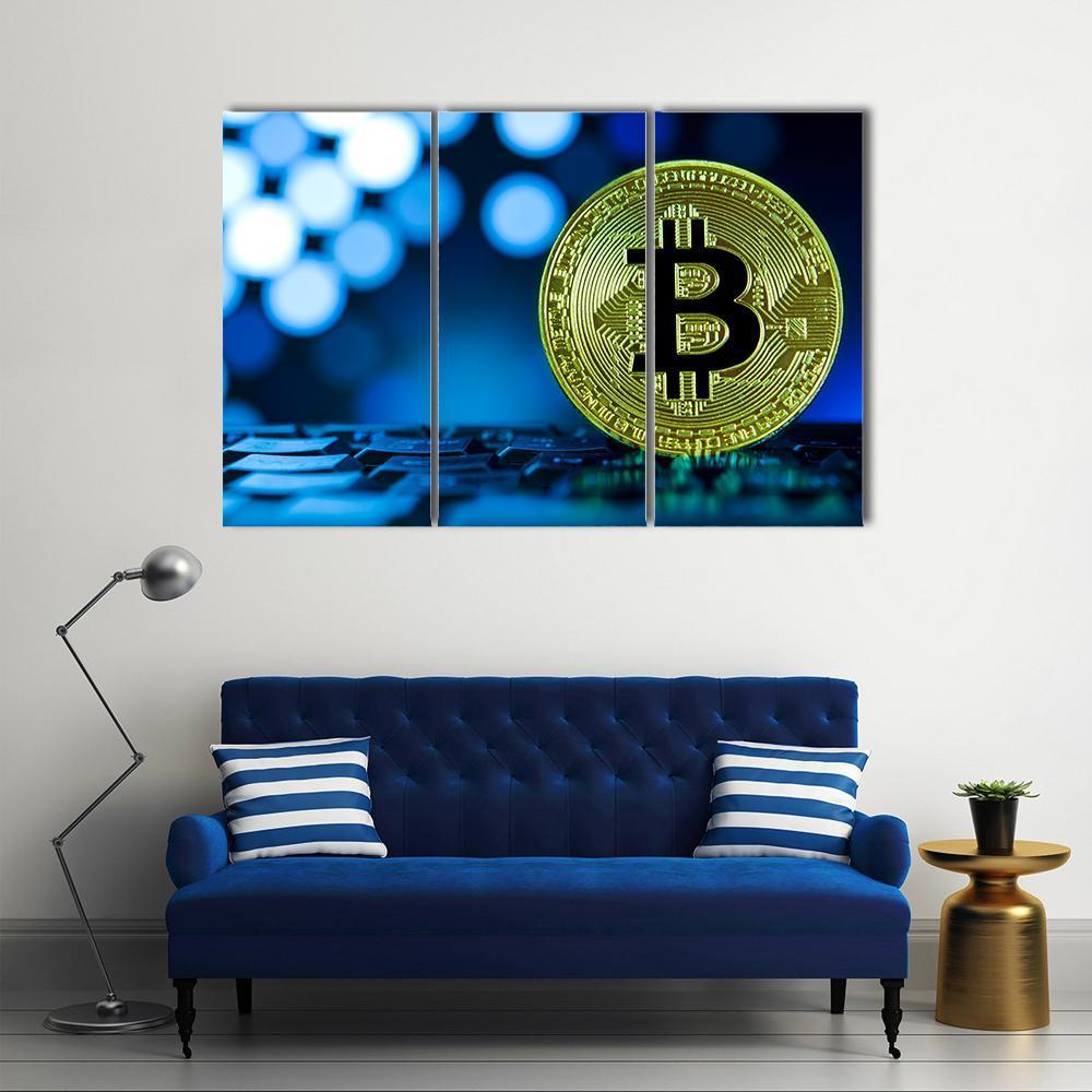 Golden Bitcoin On Keyboard Canvas Wall Art-3 Horizontal-Gallery Wrap-37" x 24"-Tiaracle