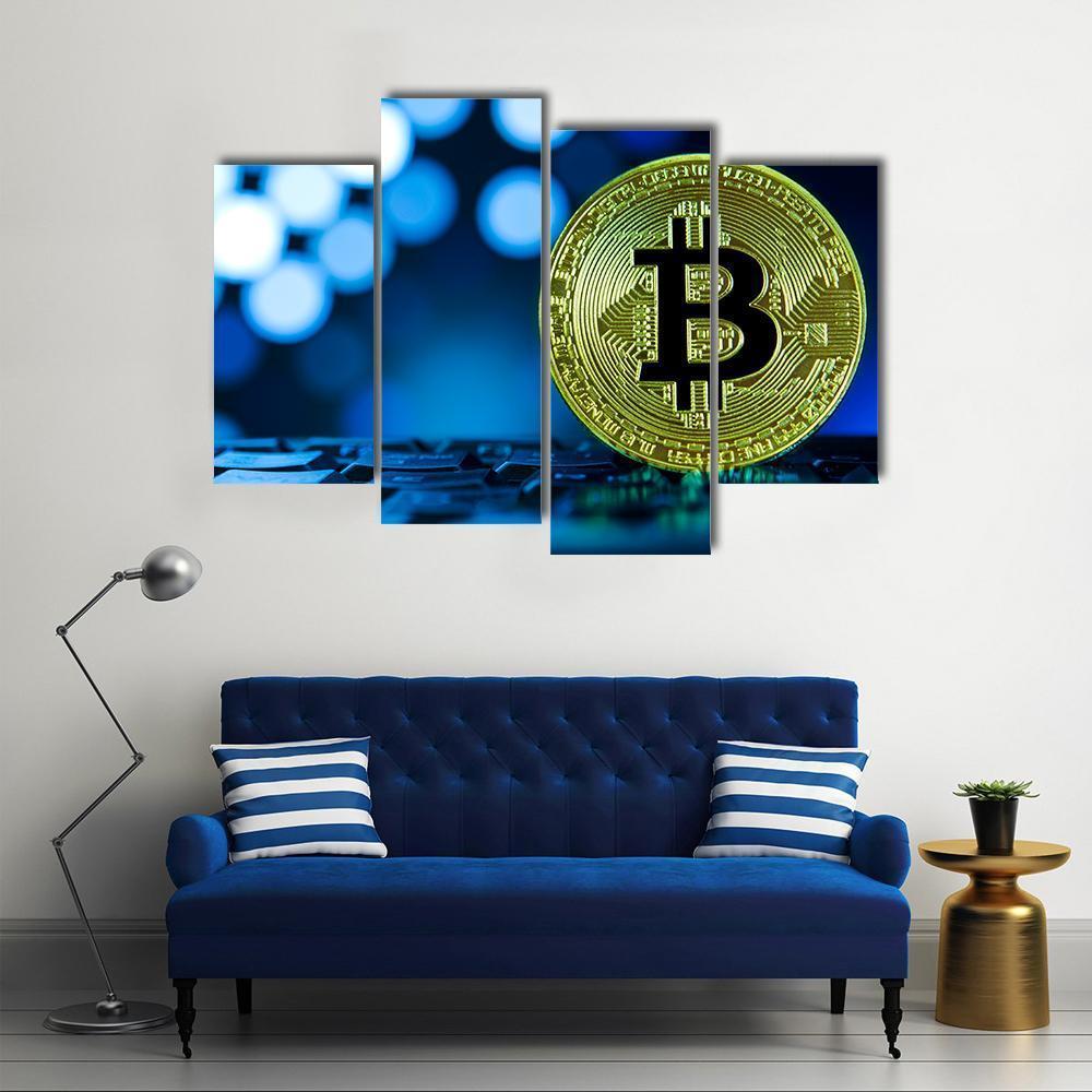 Golden Bitcoin On Keyboard Canvas Wall Art-4 Pop-Gallery Wrap-50" x 32"-Tiaracle