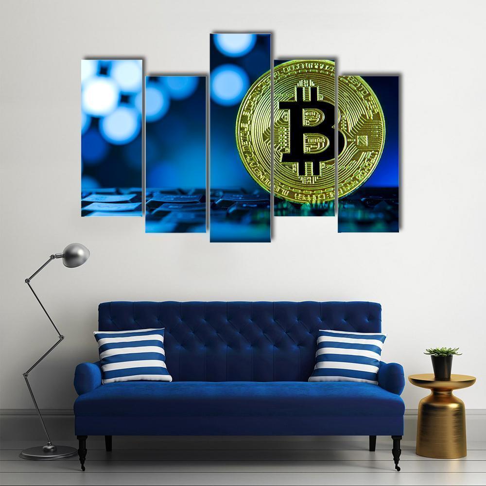 Golden Bitcoin On Keyboard Canvas Wall Art-5 Pop-Gallery Wrap-47" x 32"-Tiaracle