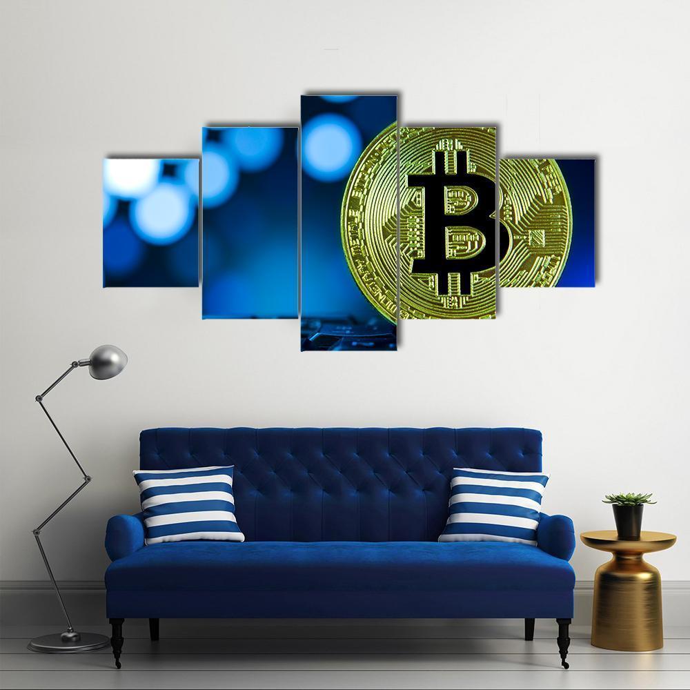 Golden Bitcoin On Keyboard Canvas Wall Art-5 Star-Gallery Wrap-62" x 32"-Tiaracle
