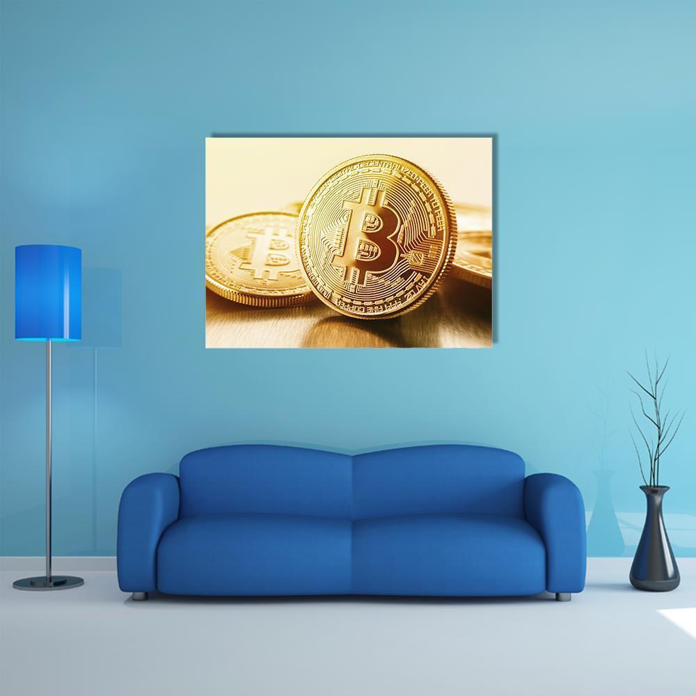 Golden Bitcoins Close-up Canvas Wall Art in gold and yellow, single panel hung on a wall