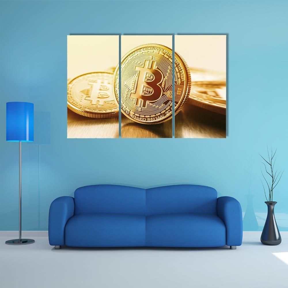 Golden Bitcoins Canvas Wall Art-3 Horizontal-Gallery Wrap-37" x 24"-Tiaracle