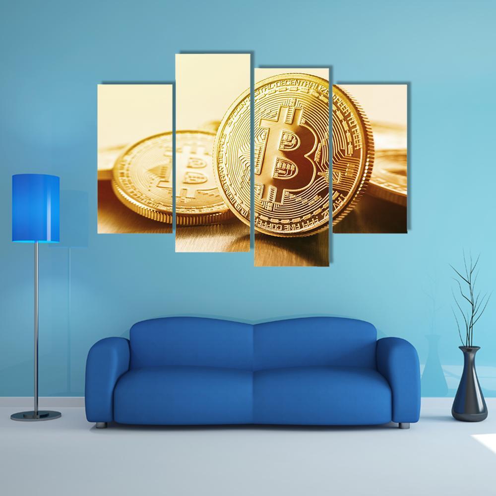 Golden Bitcoins Canvas Wall Art-4 Pop-Gallery Wrap-50" x 32"-Tiaracle