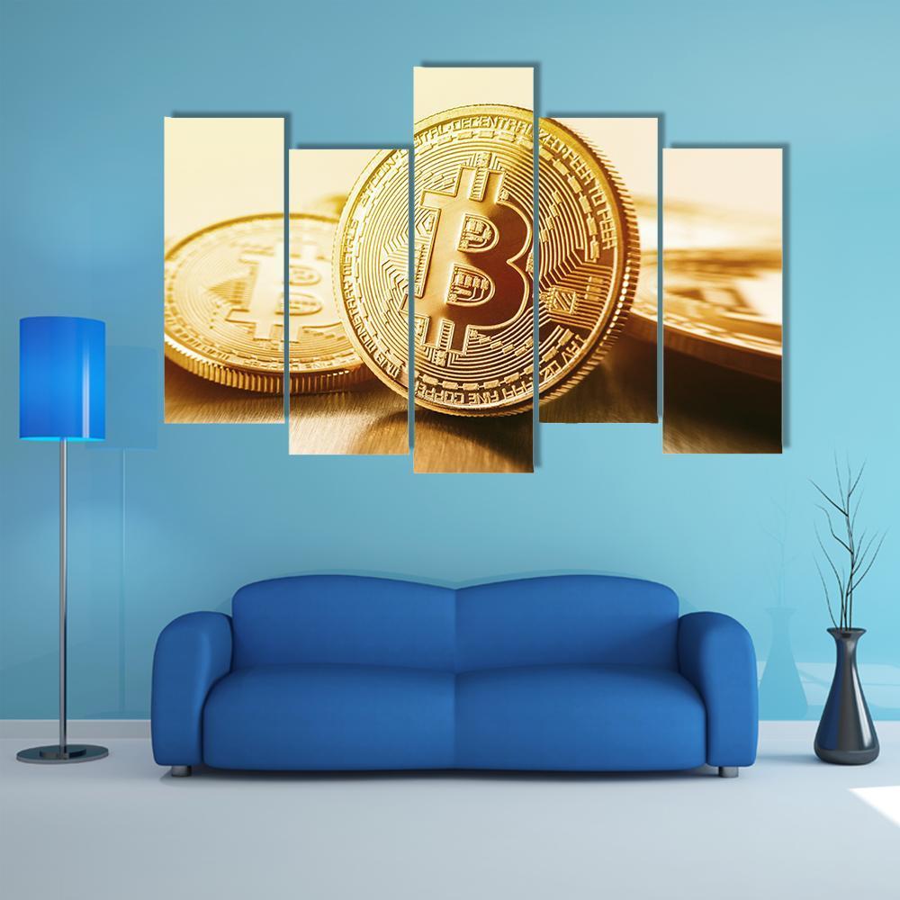 Golden Bitcoins Canvas Wall Art-5 Pop-Gallery Wrap-47" x 32"-Tiaracle