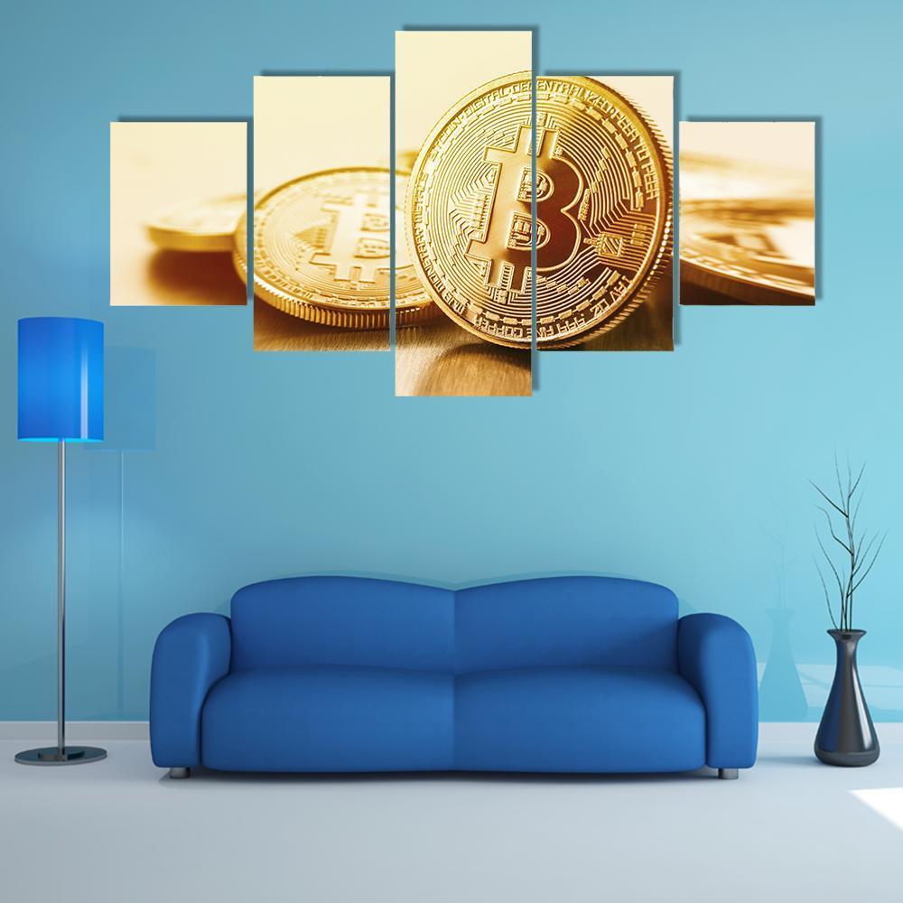 Golden Bitcoins Canvas Wall Art-5 Star-Gallery Wrap-62" x 32"-Tiaracle
